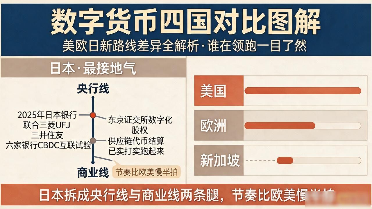 数字货币四国对比图解：美欧日新路线差异全解析，谁在领跑一目了然