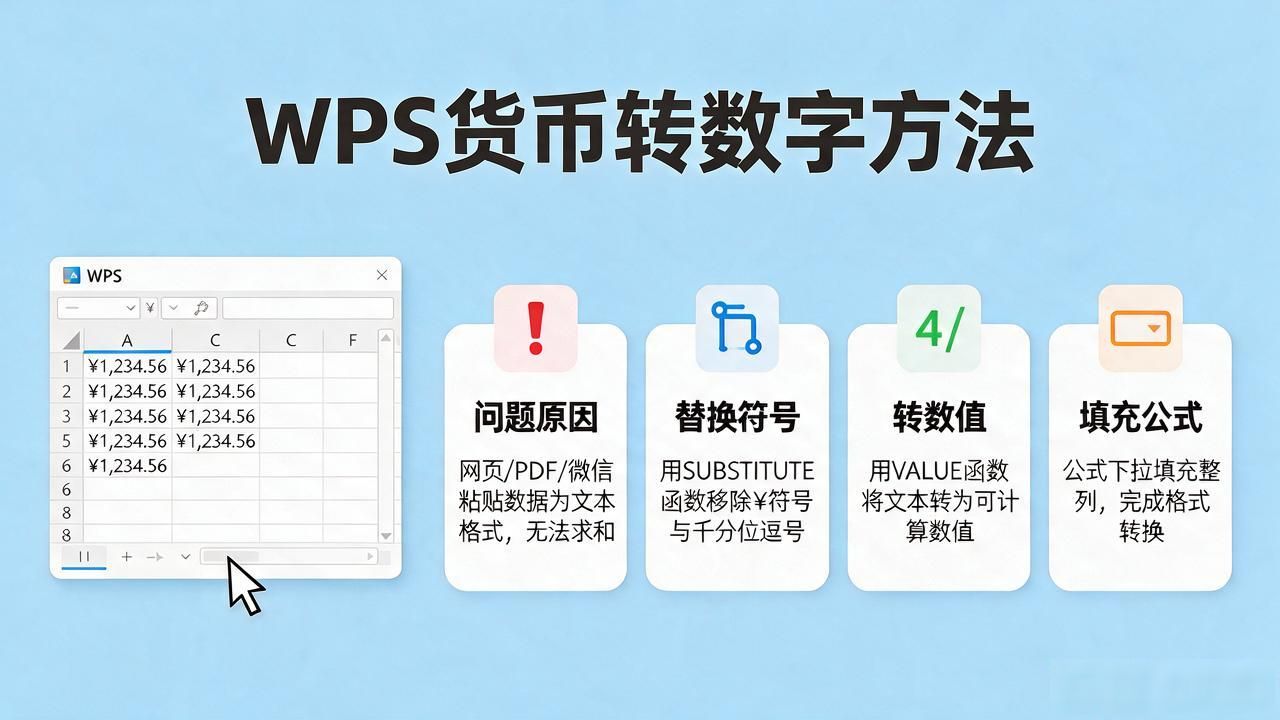 WPS表格中货币格式怎么改成纯数字，求和不再出错
